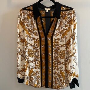 Elegant Women's Silk Black and Gold Patterned Blouse by JOIE